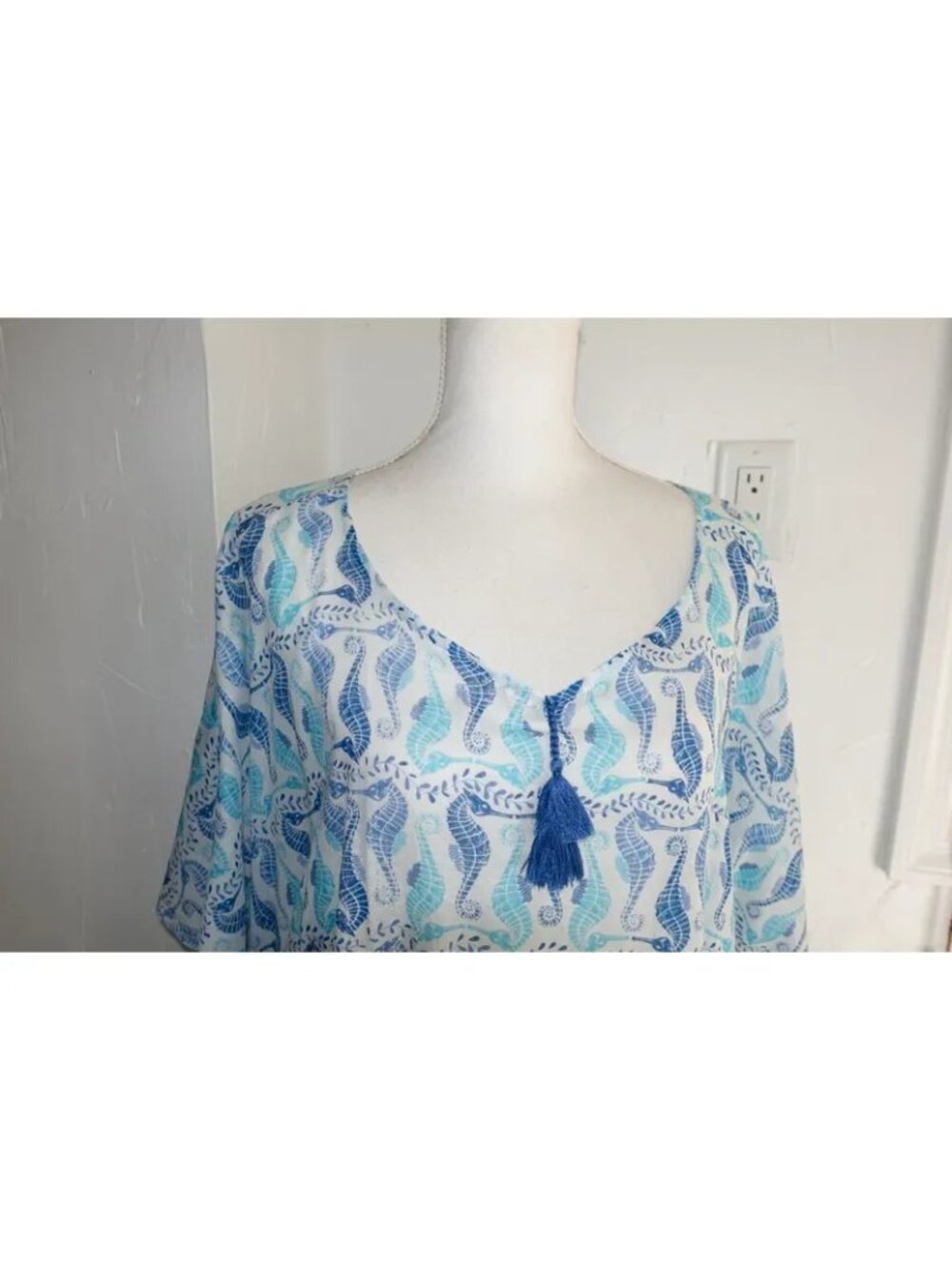 Coastal Seahorse Print Tassel Kaftan Beach Cover-Up